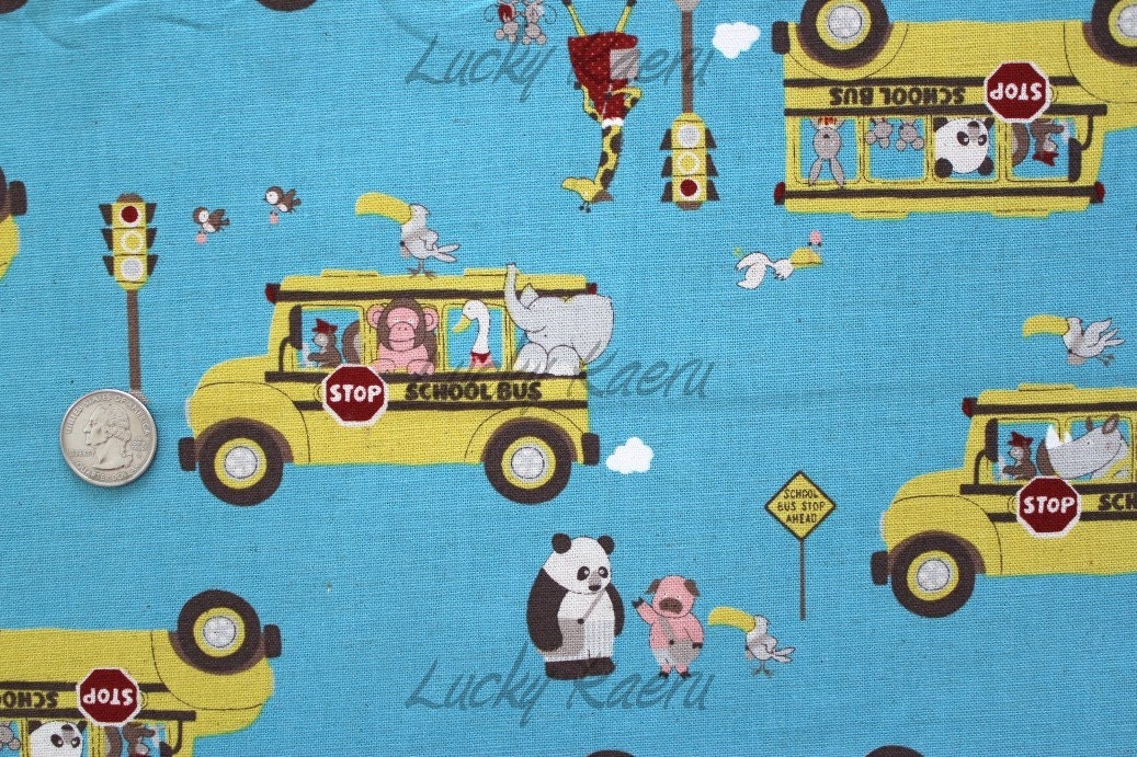 SALE Kawaii School Bus Animals on Blue Japanese Linen Fabric - Half Yard