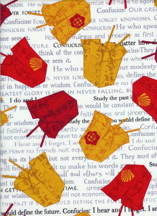 Chinese Food Takeout Boxes Red Gold Fabric - By the Yard