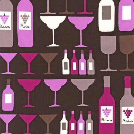 Print & Pattern, Cheers, Wine Bottles and Glasses Wineberry Fabric - By the Yard