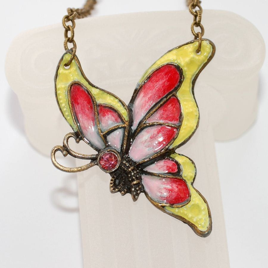 Butterfly Necklace Hand Painted Pendant  in Yellow / Red, Womens Statement Jewelry