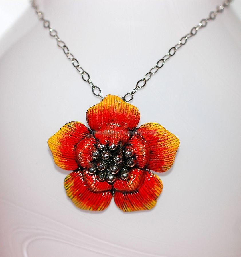 Orange Poppy Necklace Hand Painted Flower Pendant, Statement Necklace
