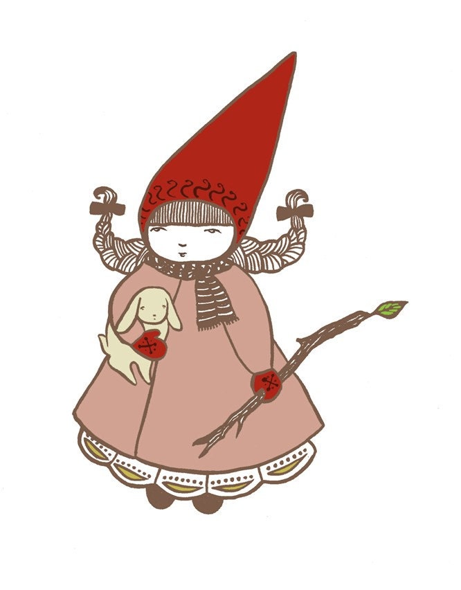 Forest keeper gnome with a bunny - Art Print