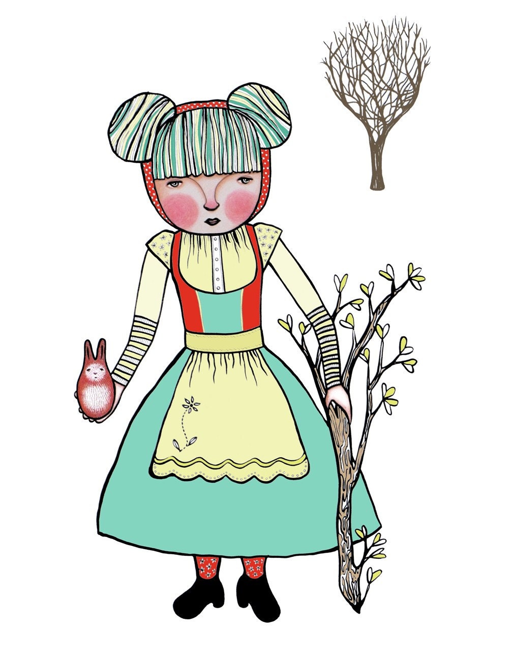 PomPom Girl in the Woods with a Bunny - Art Print