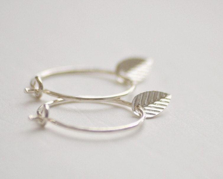 Tiny leaf hoops - sterling silver dangle earrings - simple everyday jewelry - edor