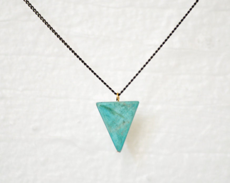 SALE Delta - turquoise triangle stone long necklace on gunmetal chain - modern geo jewelry