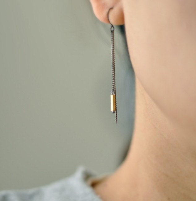 Gunmetal earrings - long sleek black & gold dangles - modern jewelry - edor gift for her