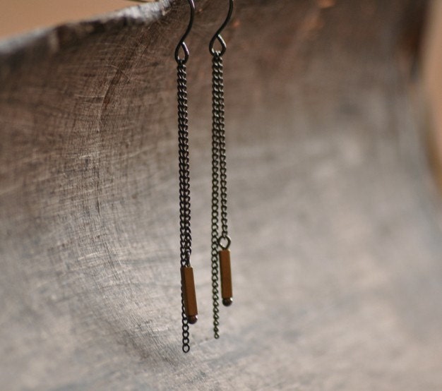 Gunmetal earrings - long sleek black & gold dangles - modern jewelry - edor gift for her