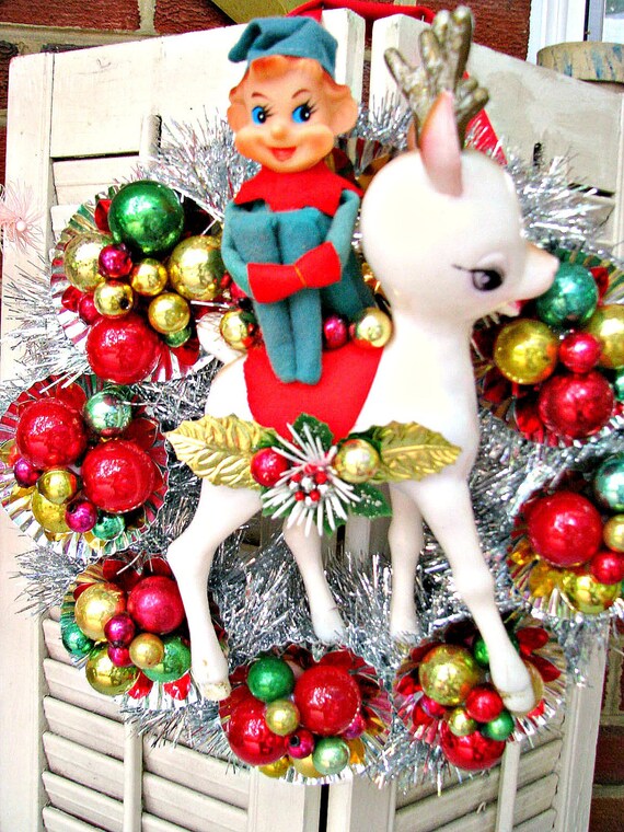 Vintage Elf and Riding a Deer Kitsch Christmas Wreath