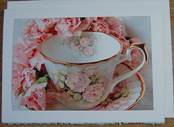 Blank Note Card, Pink Carnations Teacups Photo Note Card, Greeting Card, Mother's Day Card