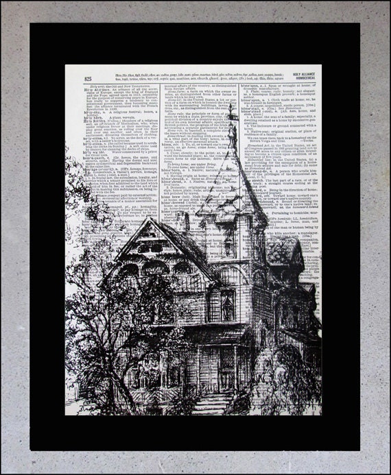Victorian Home (House) Book Page Art Print on Dictionary Page, Mixed media home decor, Gothic Style House Ink Drawing Wall Art