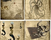 Coasters - Pirate Treasure Map Hunt - Wood Coaster Set - Octopus Mermaid Treasure Map Skeleton Key