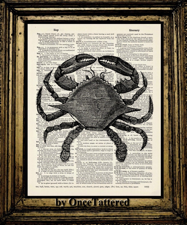 Crab Book Page Print Vintage Blue Crab on upcycled old book page Vintage dictionary art Marine life