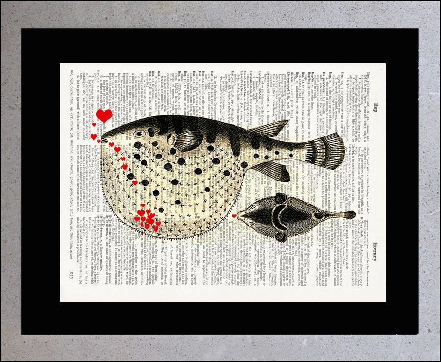 Puffer Fish Kiss Vintage Fish Illustration printed on Dictionary book page, Fish art print, Mixed Media book page print
