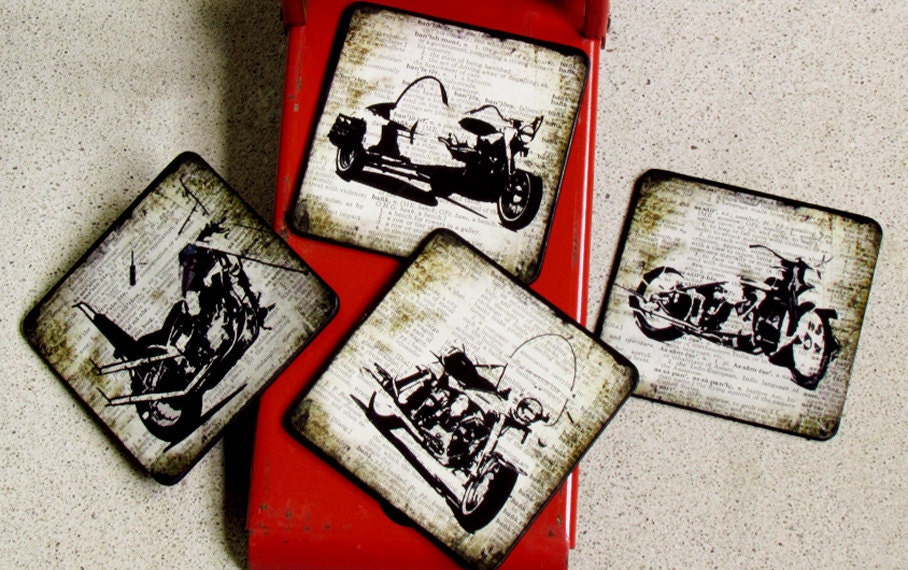 Motorcycle Coasters, Vintage motorcycle Wood Coaster set, Mixed Media Book Page coasters, Collage Art  Drink Coaster Gift for Him