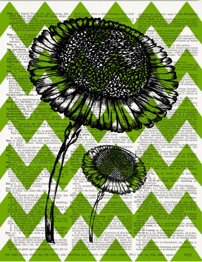 Gerbera Daisy - Avocado Green Chevron - book page Art Print - Print on Vintage Dictionary book page - Botanical African Daisy art print