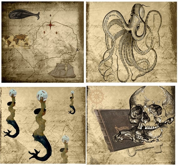 Coasters - Pirate Treasure Map Hunt - Wood Coaster Set - Octopus Mermaid Treasure Map Skeleton Key