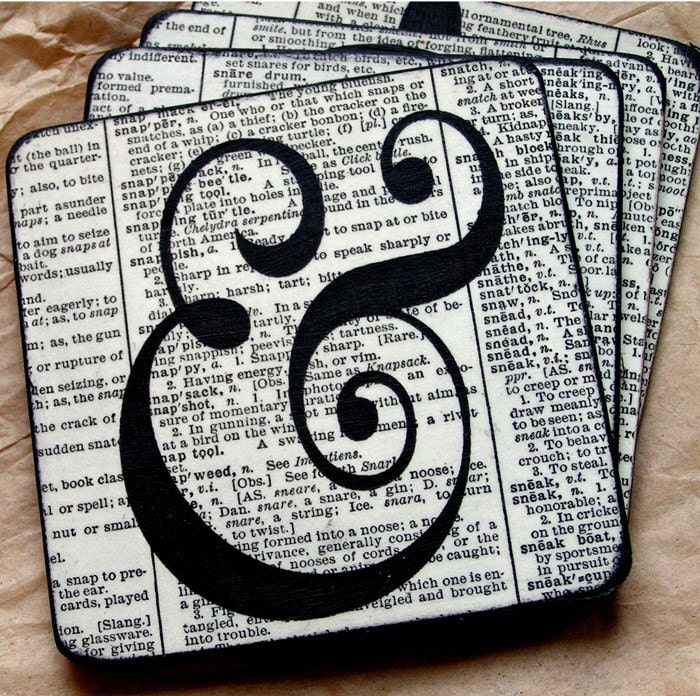 Coasters - Typography Coaster Set, Decoupaged Wood Wooden Drink Coaster Set