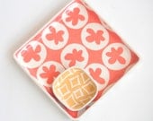 Ceramic serving tray, grapefruit pink spinning flower motif -ready to ship