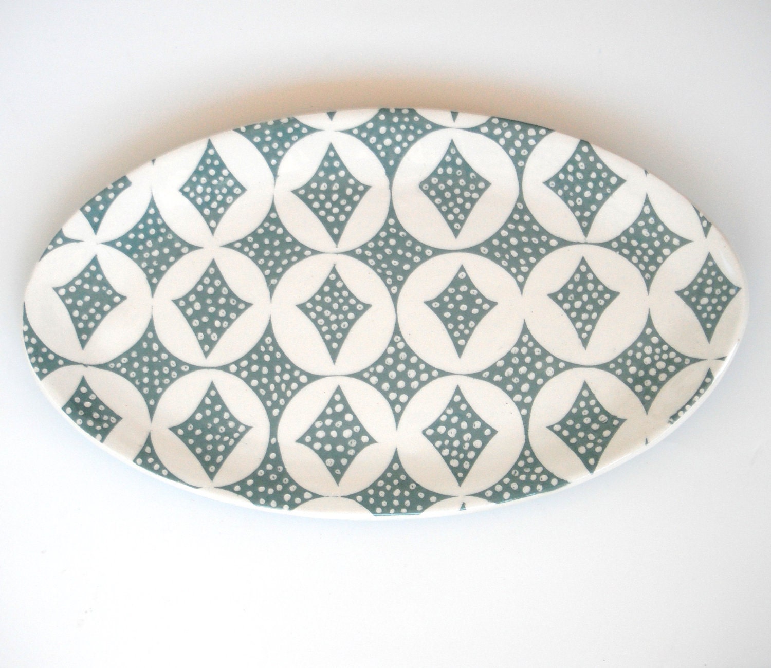 Oval Ceramic Platter Teal Blue circles and dots- made to order