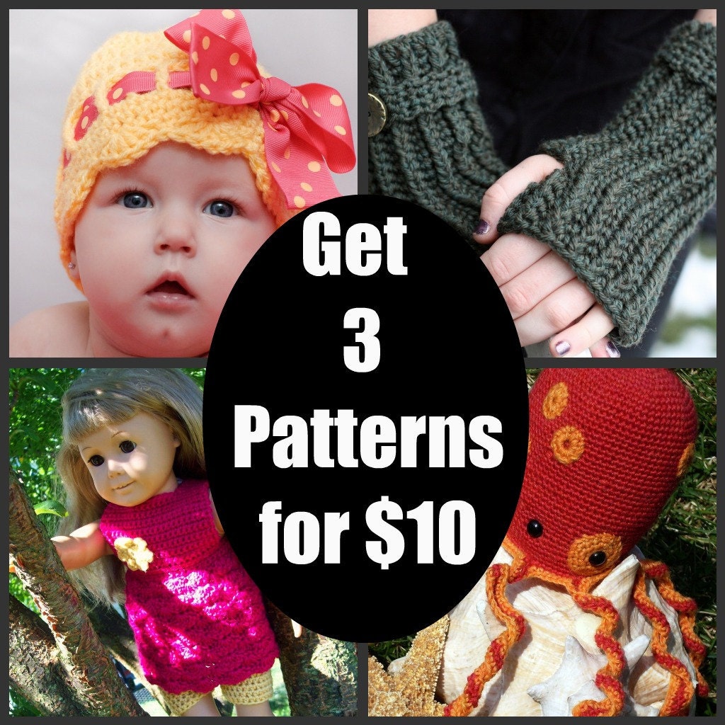 Any 3 Crochet Patterns-Lots of Pictures and Basic Stitches-Hats, Gloves, Animals, Photo Props