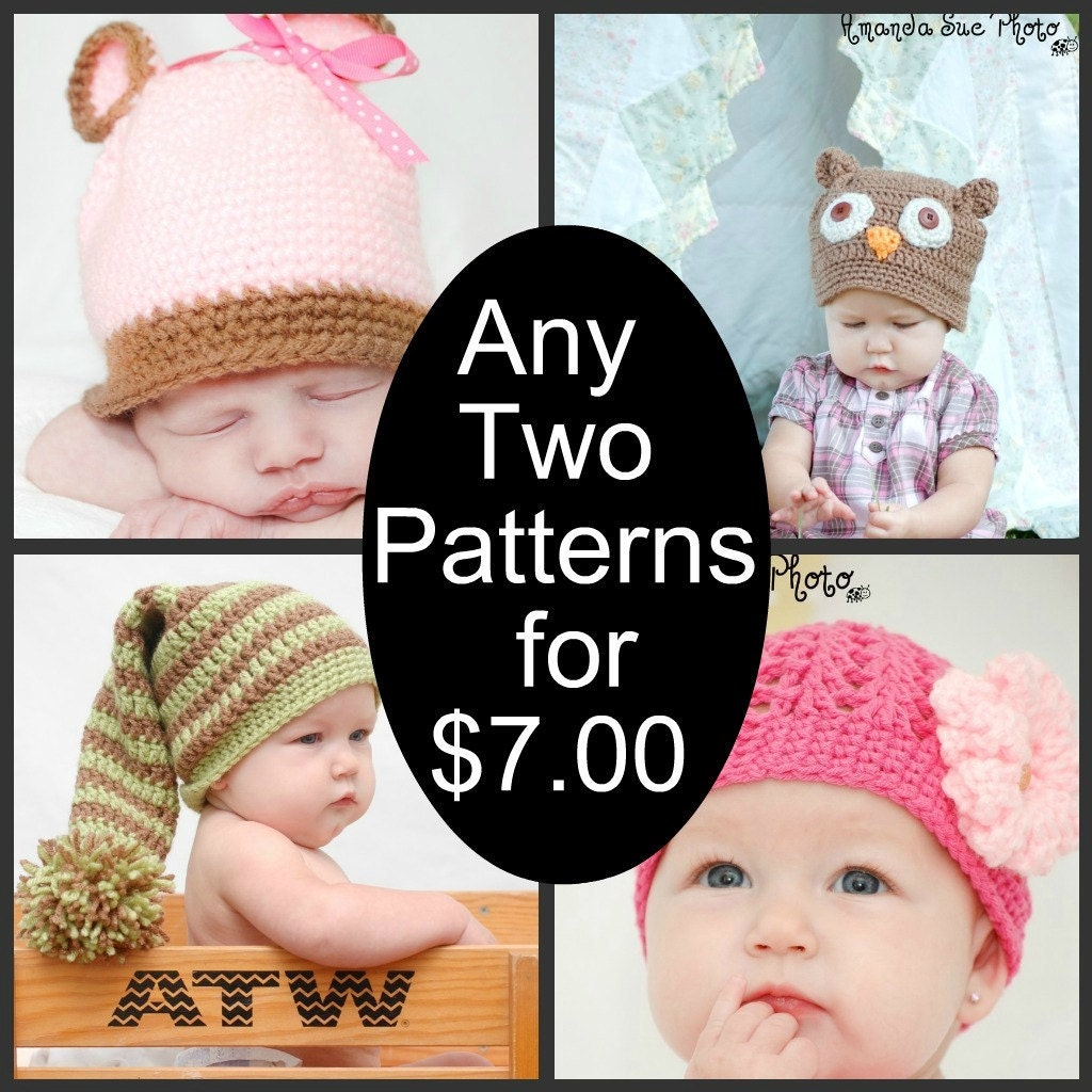 Any 2 Crochet Patterns-Lots of Pictures and Basic Stitches-Hats, Gloves, Animals, Photo Props