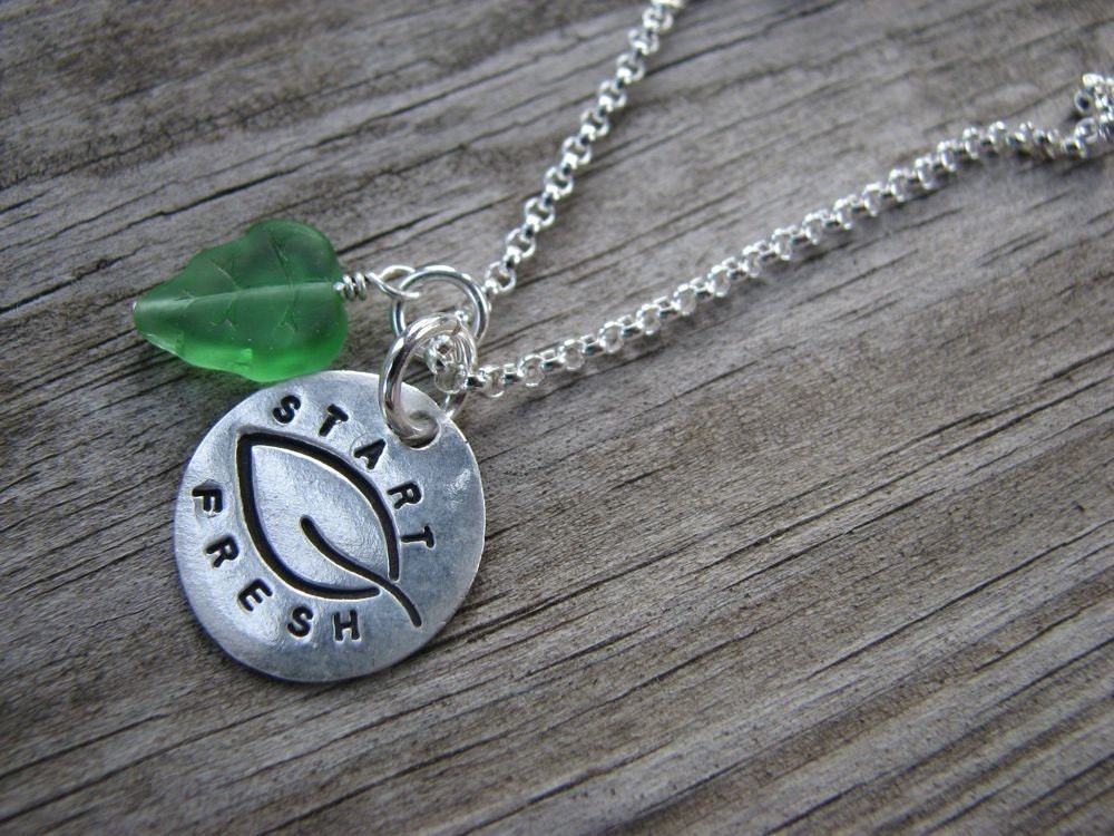 PMC Fine Silver Stamped Disc Pendant Turn Over A New Leaf Fresh Start Necklace on Sterling Chain