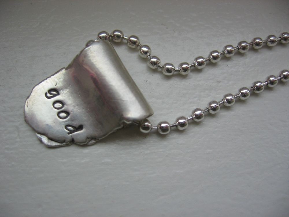 PMC Fine Silver Alter Ego Reversible Hand Stamped Phrase Necklace Good Bad