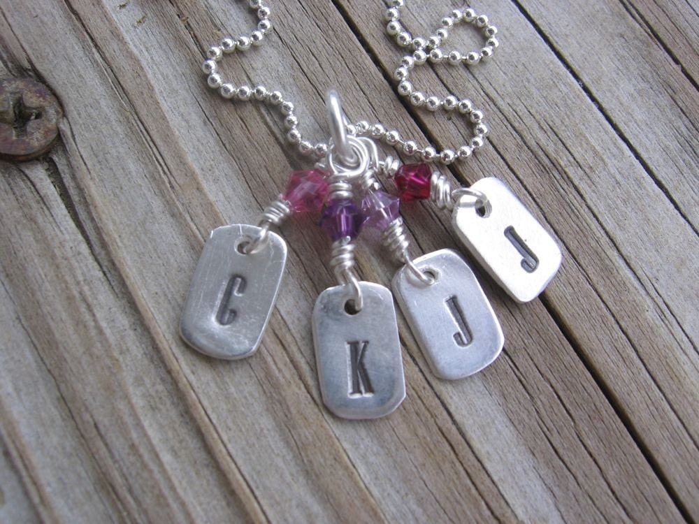 PMC Fine Silver Custom Hand Stamped Personalized Mini Dog Tags Family Necklace with Birthstone Crystals on Sterling Chain