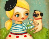 FRENCH girl and PUG dog in Paris PRINT of original painting by tascha