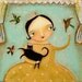 Bird Catcher black cat print of collage primitive folk art painting by Tascha 6x6