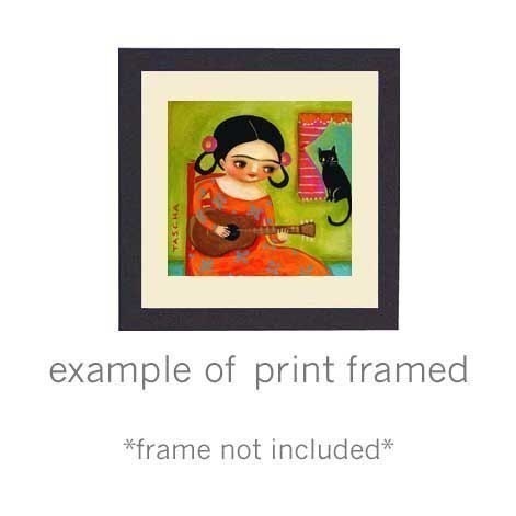 Frida Kahlo plays guitar to kitty cat PRINT from painting by tascha