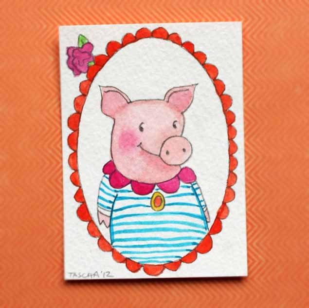 ORIGINAL ACEO watercolor pig painting Fran original art by tascha