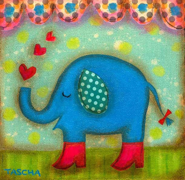 ORIGINAL elephant in love painting and mixed media on canvas by tascha