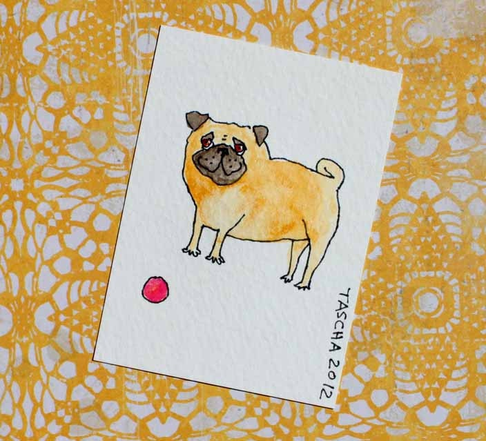 ORIGINAL aceo mini watercolor painting PUG dog with ball one of a kind by tascha
