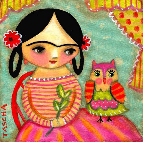 FRIDA KAHLO with OWL cute colorful print of folk art painting by tascha