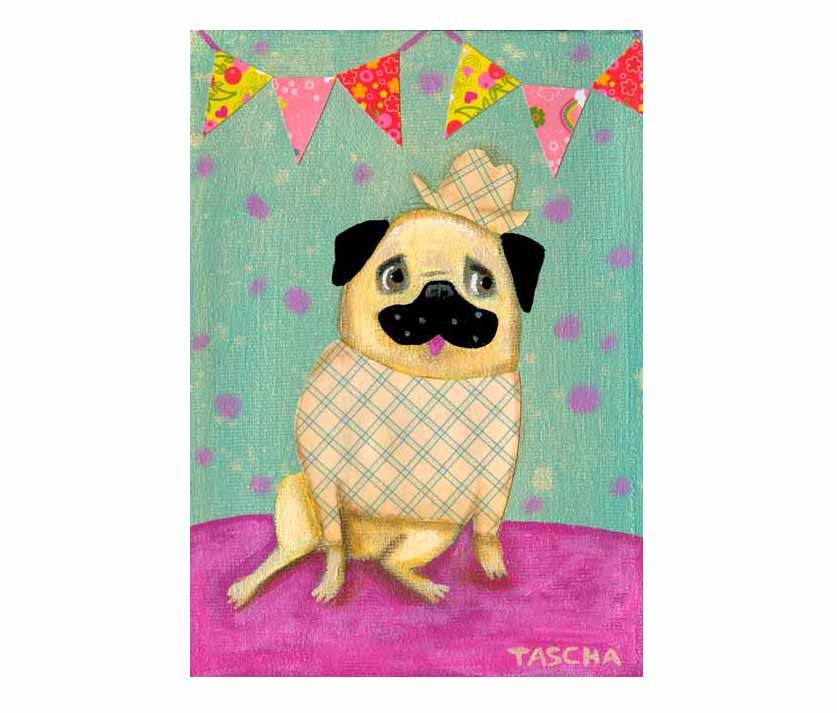 ORIGINAL painting PARTY PUG boy dog in hat acrylic mixed media art by tascha