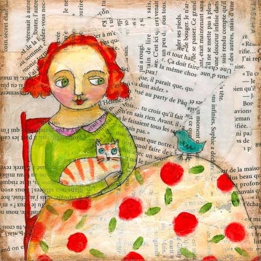 Blue Bird meets orange kitty PRINT of mixed media painting by tascha 6x6
