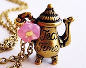 Vintage Teapot Pink Flower Charm Necklace