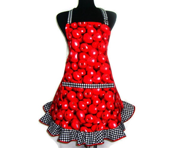 Full Kitchen Apron,  Red Apples, Retro Hostess Style Ruffle - ElsiesFlat