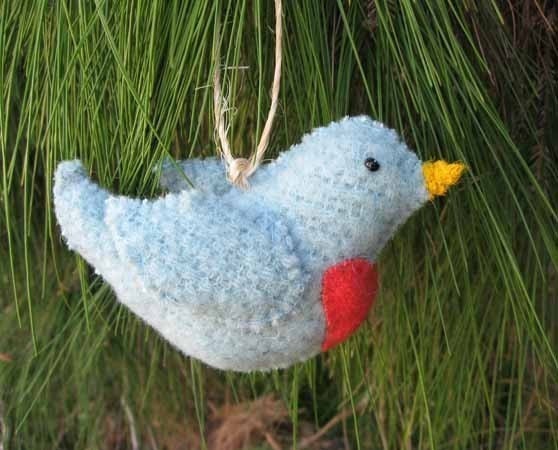 Bluebird of Happiness Ornament - Berry - Vintage Wool, Handsewn