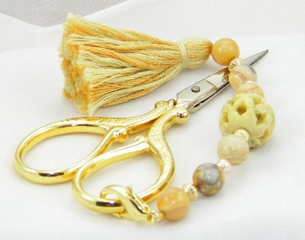 Winter Sale - Beige stone handmade scissor fob with lobster claw