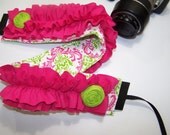 PreOrder Camera Strap padded  Pink-Lime-Damask- lens cap pocket-- SNUGGLENS