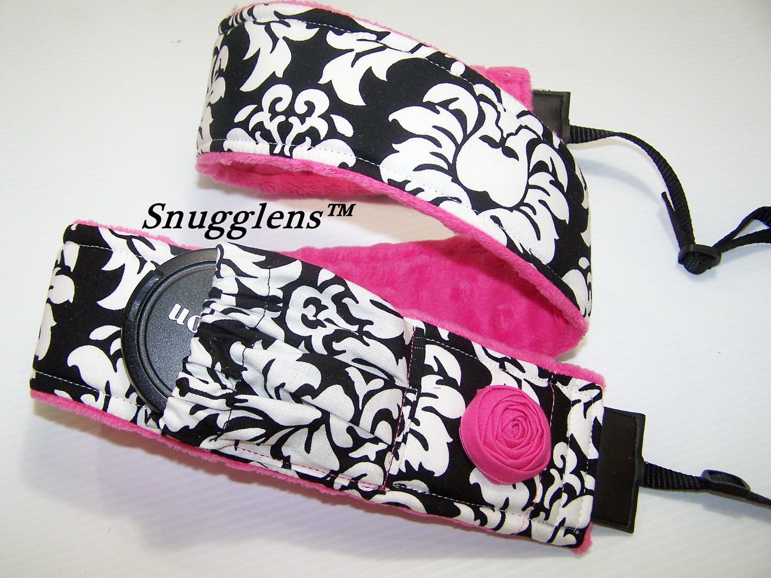 PreOrder camera strap padded   black damask-hot pink rosettes-lens cap pocket-minky--Snugglens