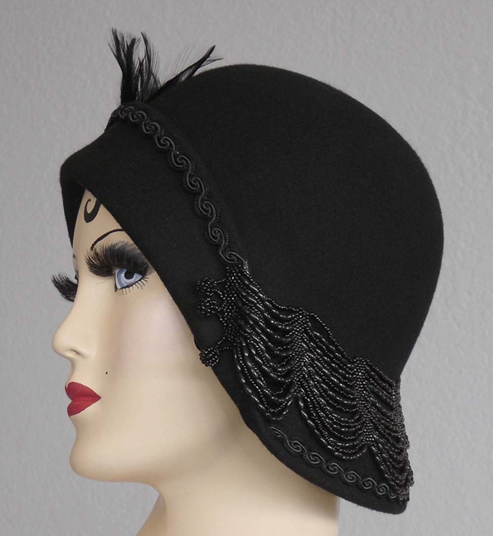 Black Felt Cloche With Beads and Feathers