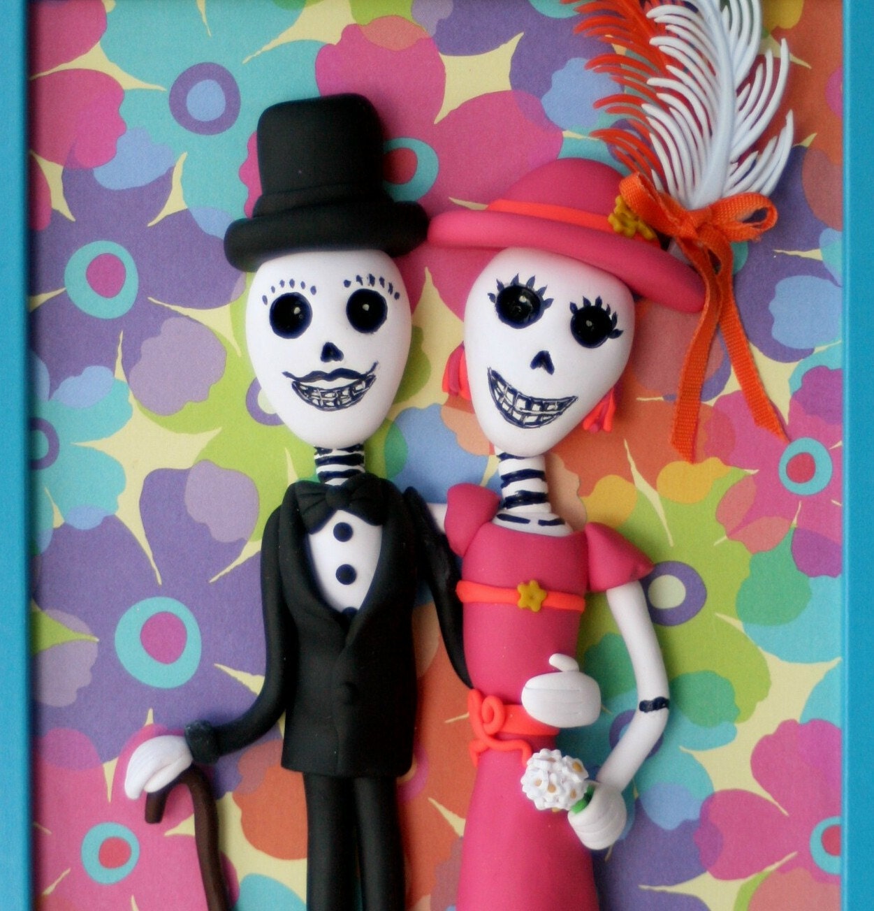 Day of the Dead Art Framed Skeleton Couple Portrait Viva La Vida Cake Topper