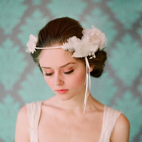 Bridal silk flower halo, headband - Whimsical bridal halo with silk flowers - Style 115 - Made to Order
