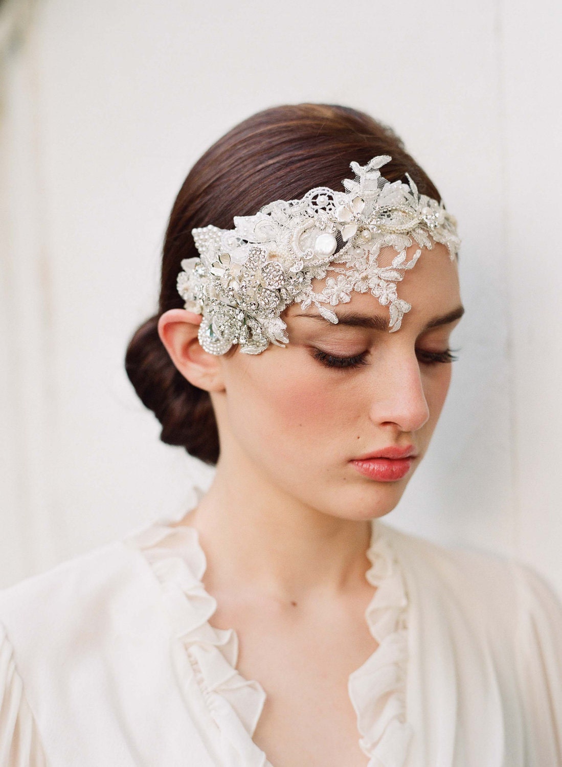 Floral bridal headpiece, rhinestones, lace headband - Embellished lace and rhinestone headpiece - Style 252 - Made to Order