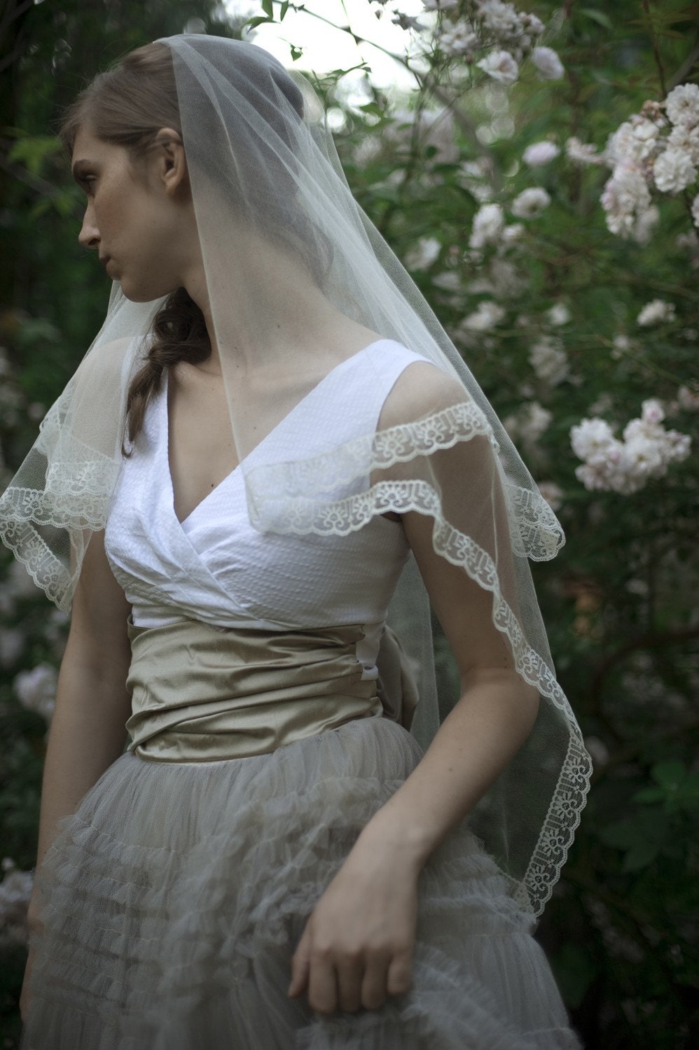 Bridal single layer silk veil - Silk tulle with lace trim veil in ivory - Style 053 - Made to Order
