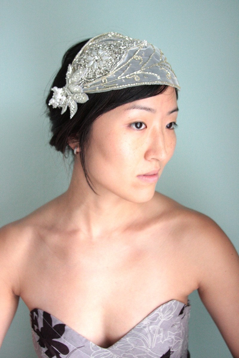 Vintage inspired bridal mini hat, veil, cap, beaded - Candlelight - Made to Order