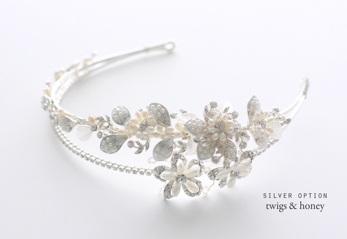 Bridal crystal, pearl and bead headband - Double band golden tiara - gold or silver - Style 147 - Made to Order - Best Seller